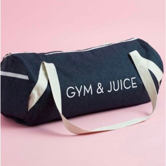 New GYM & JUICE Denim Duffle Gym Bag Workout Travel Blue Tote Jeans Carry Handle - Picture 1 of 11